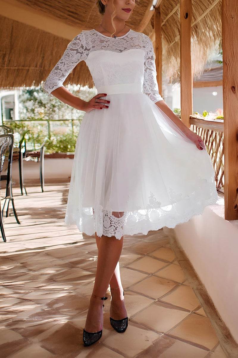 A-Line Tea Length Lace Tulle Little White Dress 100014 - COCOMELODY
